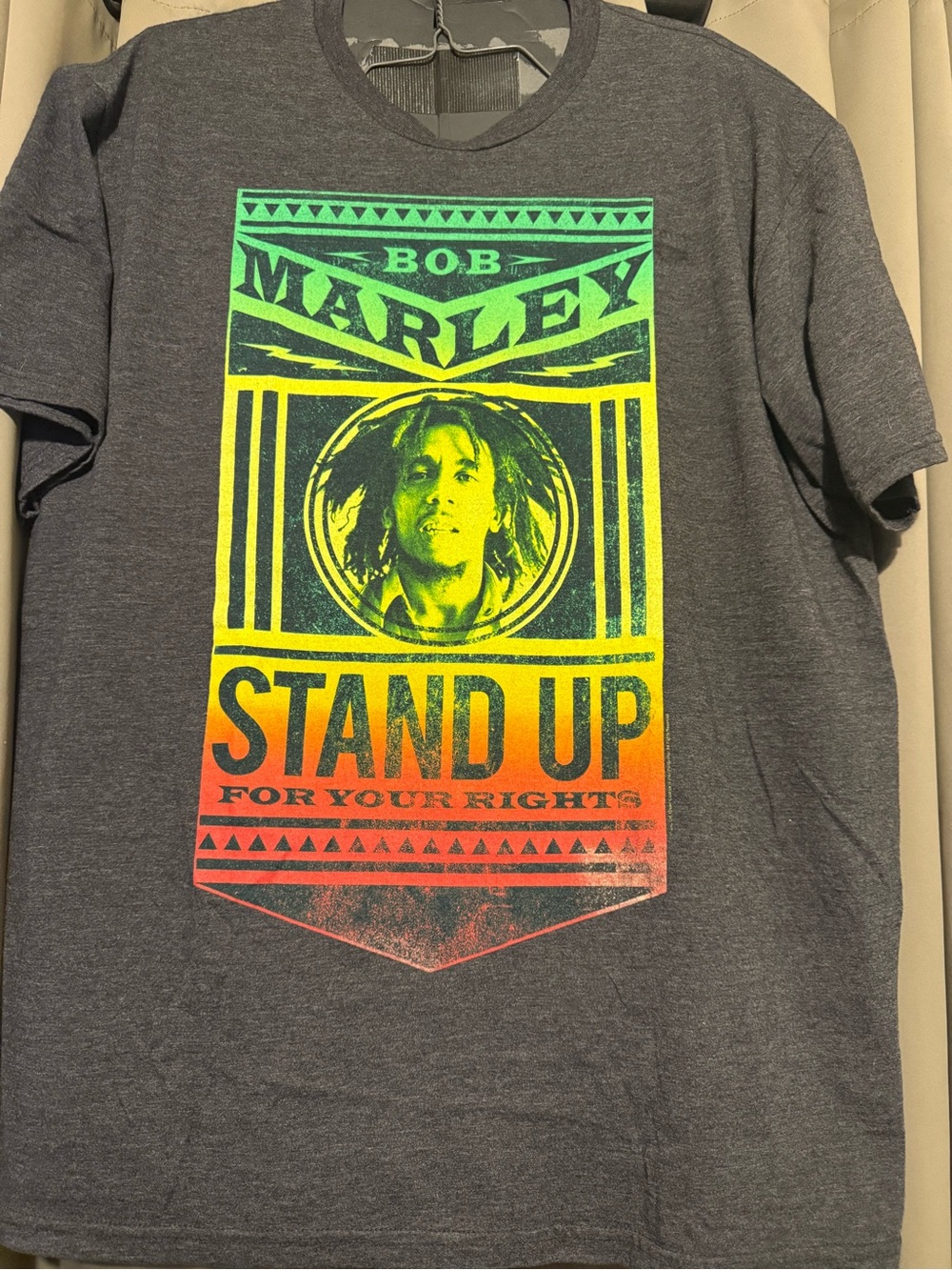 Zion Rootswear Men’s Gray “Bob Marley”Graphic Tee (Green/Yellow/Red)